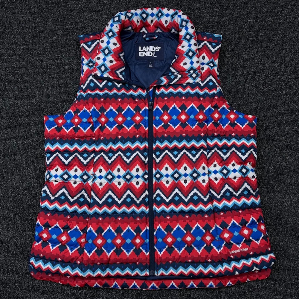 Lands End Womens Down Puffer Vest Large L 14-16 Red Blue Fair Isle Geometric Zip
